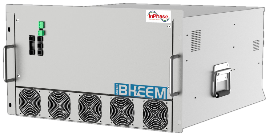 MicroBheem AHF modular active harmonic filter rack module — front view with cooling fans